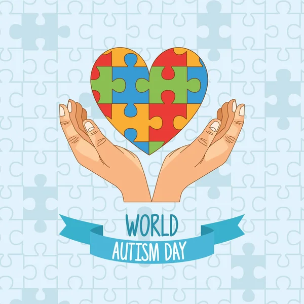 Journée mondiale de l'autisme avec les mains et le coeur puzzle — Image vectorielle