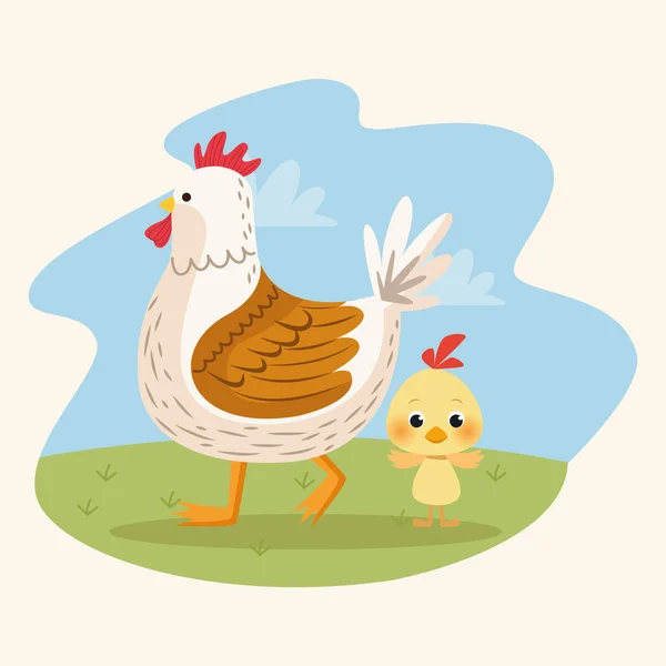 Carta pasquale felice con la famiglia di pollo nel campo — Vettoriale Stock