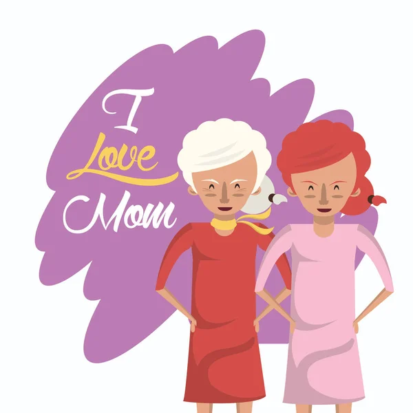 Mãe feliz cartão de dia com personagens de avó e filha — Vetor de Stock