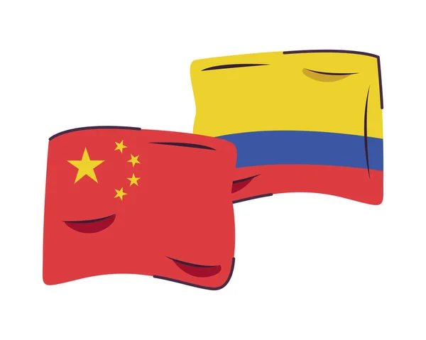 Banderas de colombia y china países aislados icono — Vector de stock