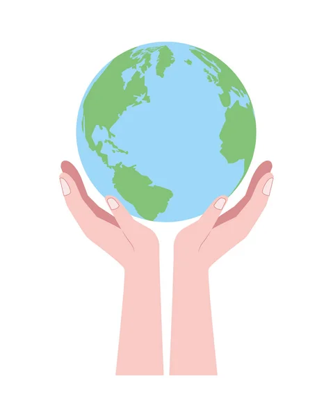 Ręce podnoszenie świata planeta Ziemia odizolowana ikona — Wektor stockowy