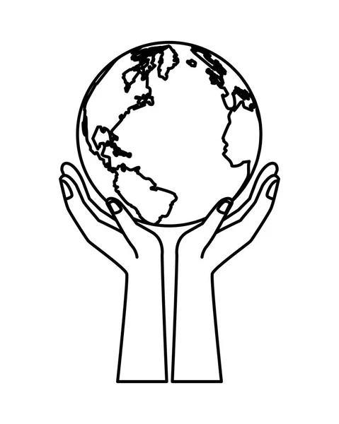 Mãos levantando mundo planeta terra ícone isolado — Vetor de Stock