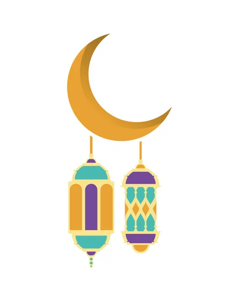 Ramadan kareem linternas colgando con la luna reciente — Vector de stock