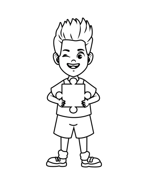Šťastný malý chlapec s puzzle kus avatar charakter — Stockový vektor