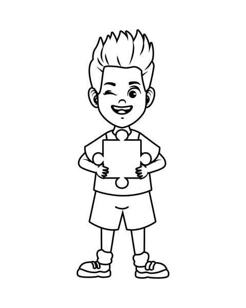 Niño feliz con la pieza del rompecabezas avatar carácter — Vector de stock