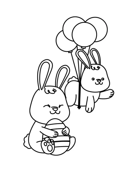 Милий маленький кролик з яйцями, розфарбованими і кульками гелієм — стоковий вектор