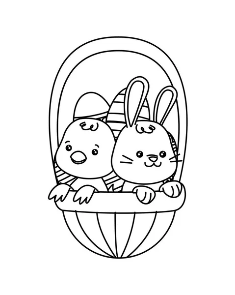Klein konijn en kuiken met eieren geschilderd in mand — Stockvector