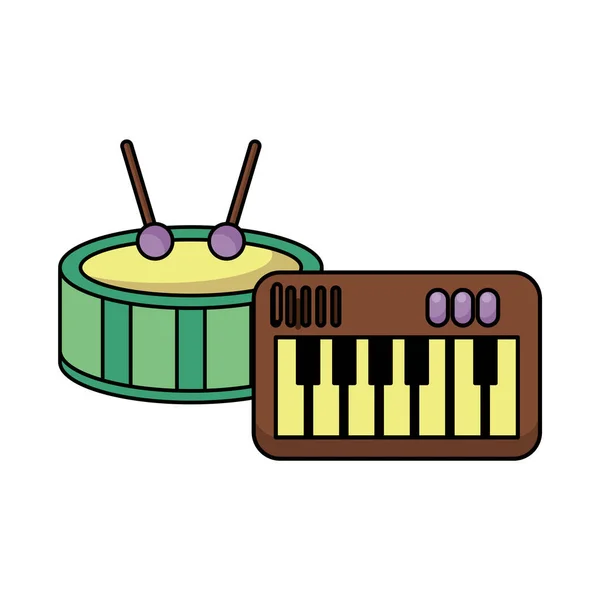 Pianoforte e batteria strumenti icona musicale in stile piatto — Vettoriale Stock