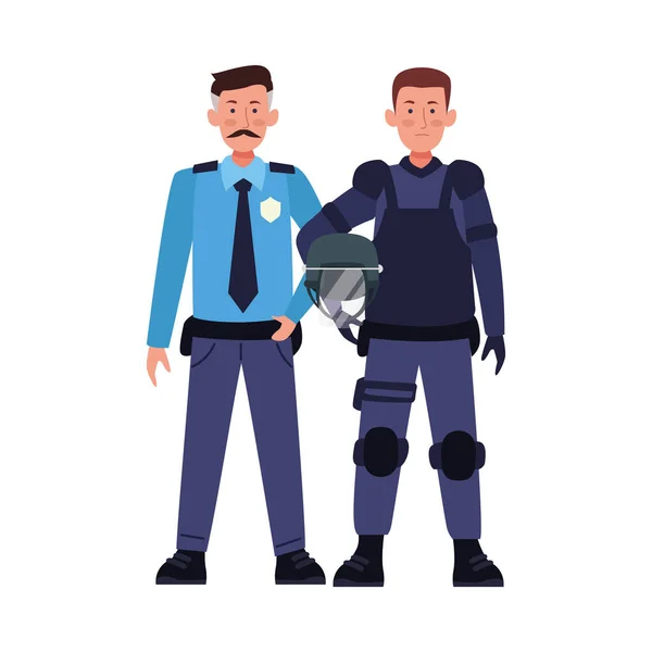 Couple of riot polices with uniforms characters — Stock Vector