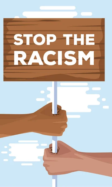 Interracial hands with wooden label stop racism campaign — Stock Vector