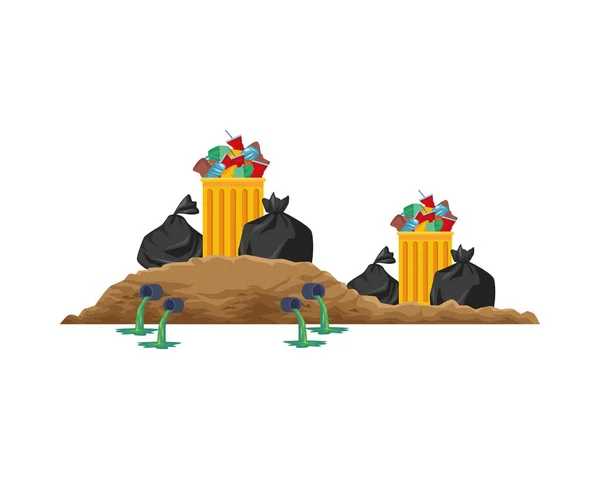 Bolsas de basura de plástico y macetas escena — Vector de stock