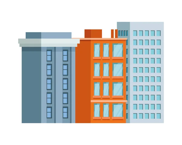 Tres edificios con ventanas icono aislado — Vector de stock