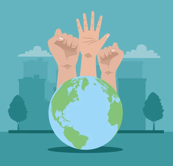 Activistas manos humanas protestando con planeta mundial — Vector de stock