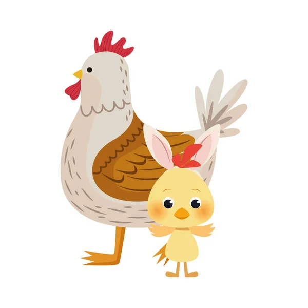 Χαριτωμένο πουλί κότας και λίγο γκόμενα χαρακτήρες Πάσχα — Διανυσματικό Αρχείο