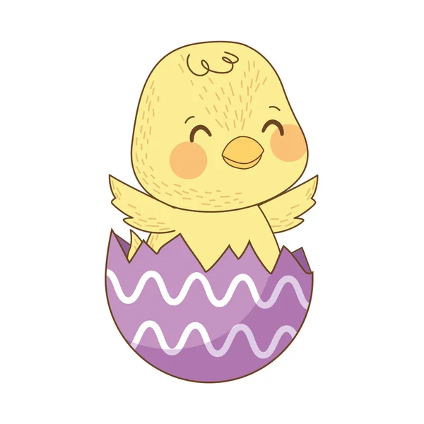 Cute little chick in egg shell painted easter character — Stock Vector