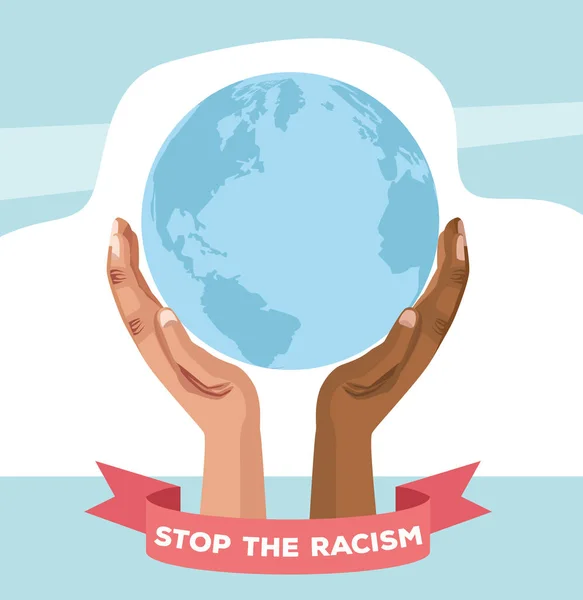 Interracial mãos levantamento mundo planeta parar racismo campanha —  Vetores de Stock