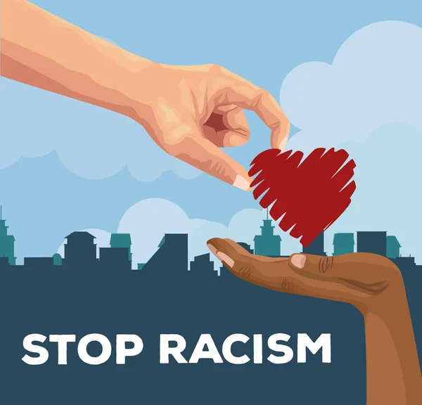 Interracial manos con corazón detener racismo campaña — Archivo Imágenes Vectoriales