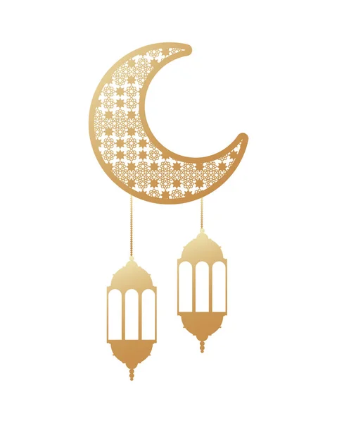 Ramadan kareem linternas de oro colgando con la luna reciente — Vector de stock