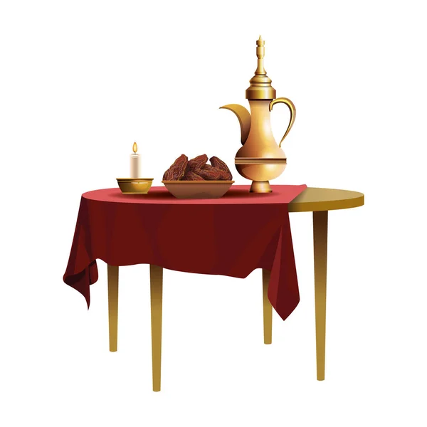 ラマダーンケレム皿とテーブルの上の食べ物とティーポット — ストックベクタ