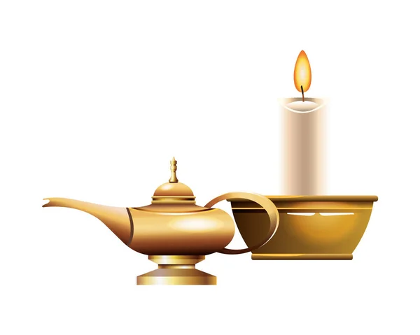 アンティーク黄金の魔法のランプとキャンドル — ストックベクタ