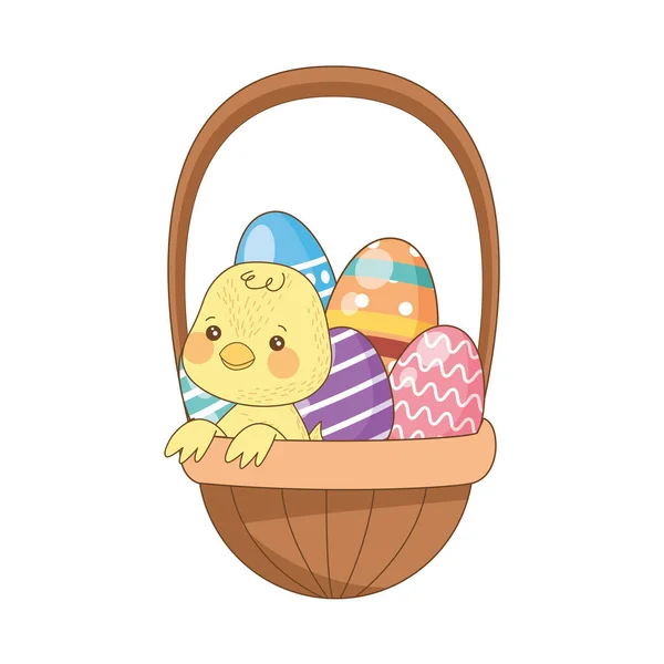 Oeufs peints Pâques dans le panier avec petit poussin — Image vectorielle