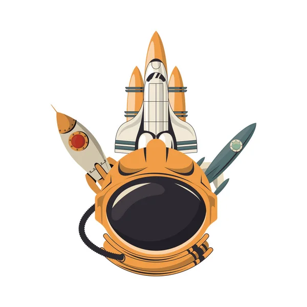 Space ship flying with rocket and helmet — Stock Vector