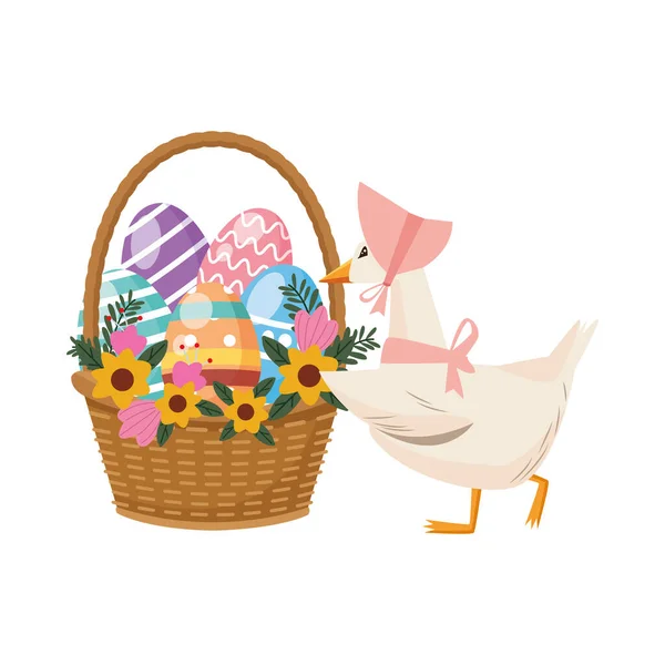 Mom duck with eggs painted in basket and flowers — Stock Vector