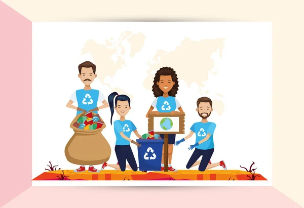 Grupo de ambientalistas reciclando personajes — Vector de stock