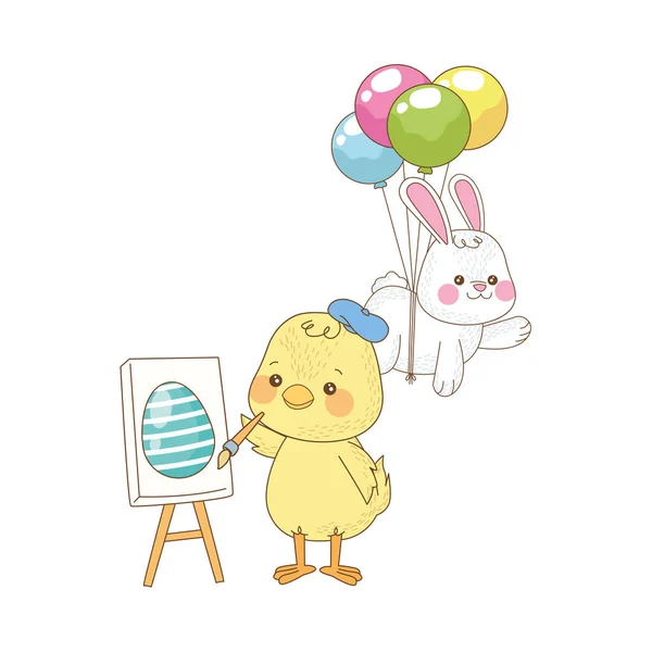 Little rabbit and chick with balloons helium easter characters — Stock Vector