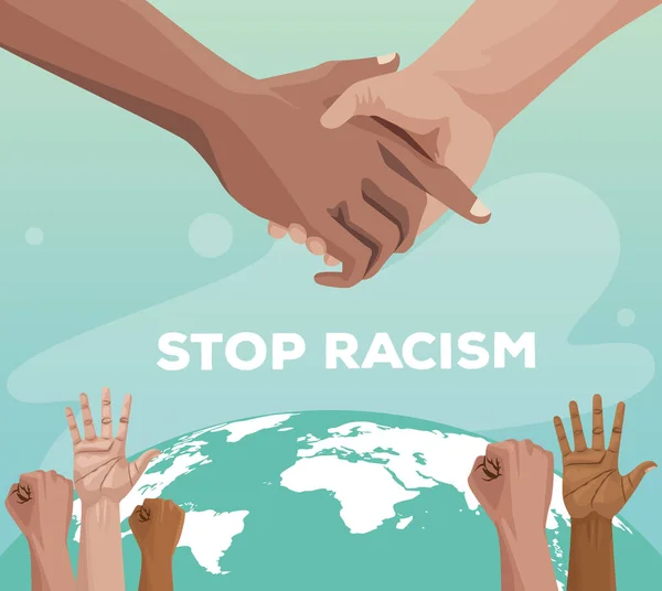 Interracial hands with world planet stop racism campaign — Stock Vector