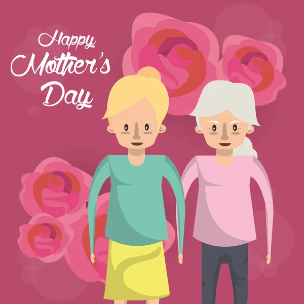 Happy mothers day card with grandmother and daughter characters — Stok Vektör
