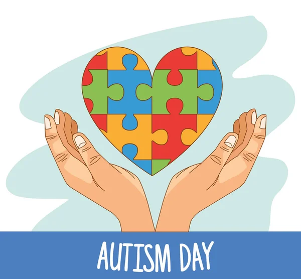 Dia mundial do autismo com as mãos e peças de jogo de quebra-cabeça — Vetor de Stock