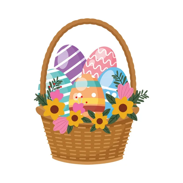 Oeufs peints dans le panier avec des fleurs décoration de Pâques — Image vectorielle