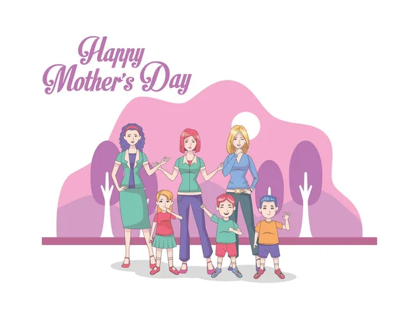 Happy mothers day card with moms and kids — ストックベクタ