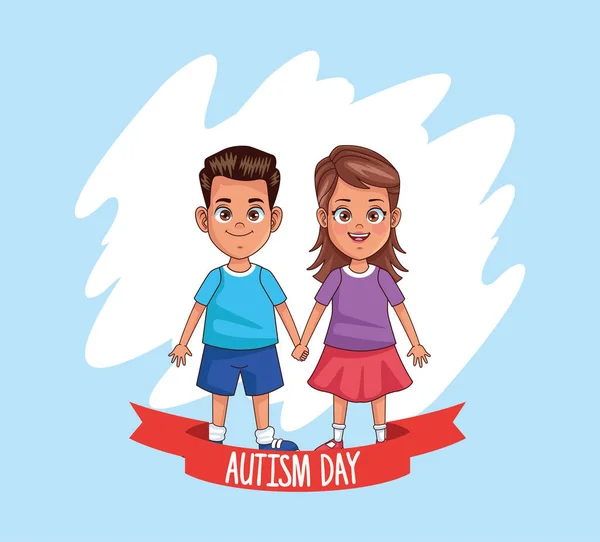 Mundo autismo día con niños pareja personajes — Archivo Imágenes Vectoriales