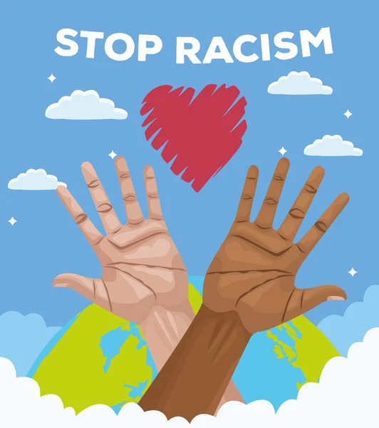 Mãos inter-raciais com planeta mundo parar campanha racismo —  Vetores de Stock