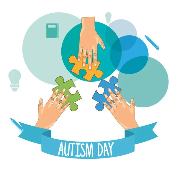 Día del autismo mundial con las manos y piezas del juego del rompecabezas — Archivo Imágenes Vectoriales