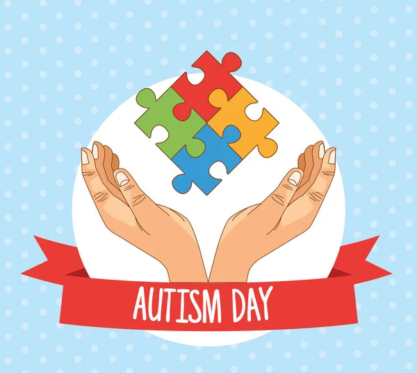 Día del autismo mundial con las manos y piezas del juego del rompecabezas — Archivo Imágenes Vectoriales