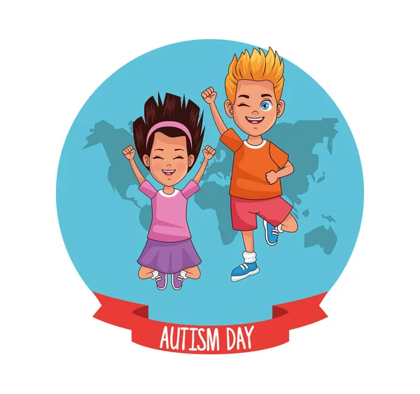 Mundo autismo día con niños pareja personajes — Archivo Imágenes Vectoriales