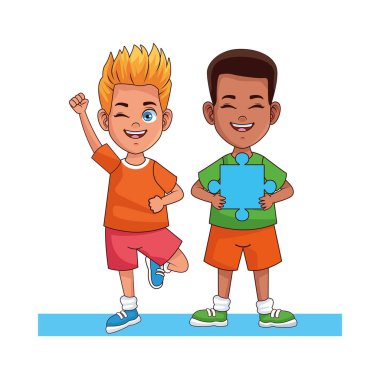 Yapboz parçaları olan mutlu ırklar arası çocuklar karakterleri avatarlar