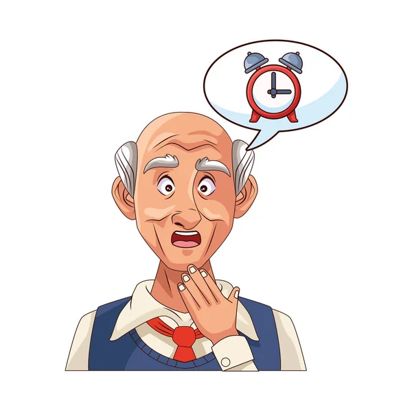 Konuşma balonunda çalar saati olan yaşlı büyükbaba. — Stok Vektör