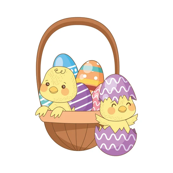 Oeufs peints Pâques dans le panier avec petit poussin — Image vectorielle