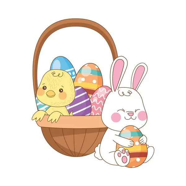 Little rabbit and chick with eggs painted in basket — Stock Vector