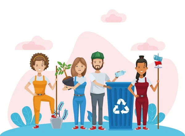 Grupo de ecologistas reciclando y plantando personajes — Vector de stock