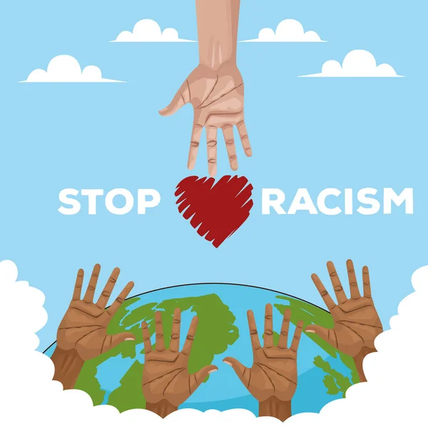 Interracial manos con mundo planeta detener racismo campaña — Archivo Imágenes Vectoriales