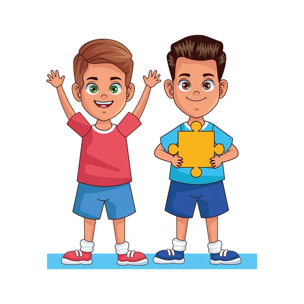 Glückliche kleine Jungen mit Puzzleteilen Avatarfiguren — Stockvektor