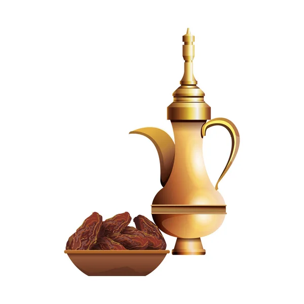 Prato kareem ramadan com comida e bule dourado — Vetor de Stock