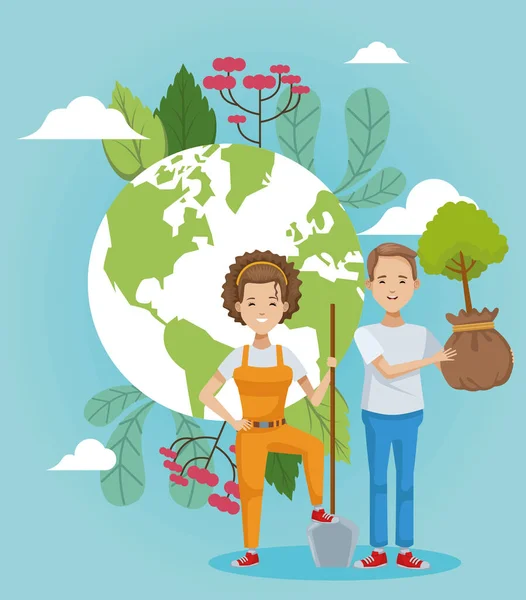 Couple of environmentalists with world planet — Stock Vector