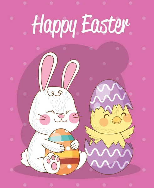 Happy easter seasonal card with chick and rabbit in eggs painted — Stockvektor