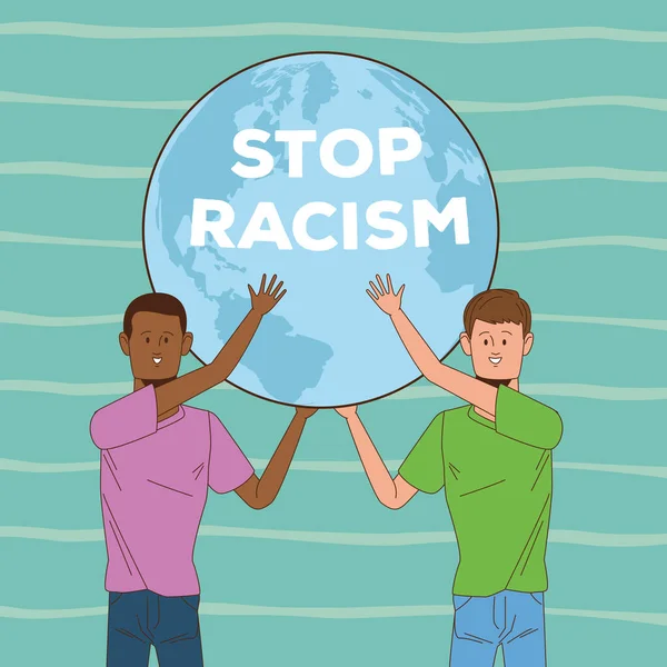 Coppia di uomini interrazziali fermare campagna razzismo — Vettoriale Stock